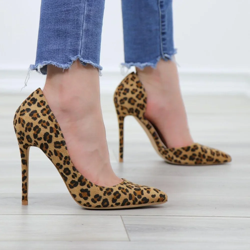 Faux Leopard Suede Pointy Toe Slip On High Heels